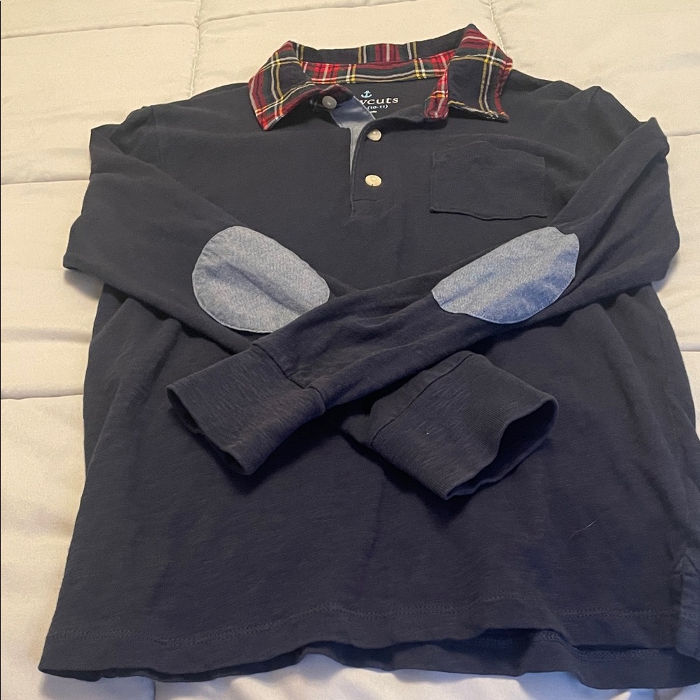 JCrew Boy’s Crewcuts Navy Shirt with Red Plaid Collar.